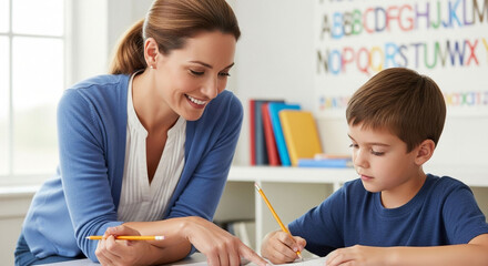 Teacher helping student with homework at school classroom education learning studying together support lesson plan