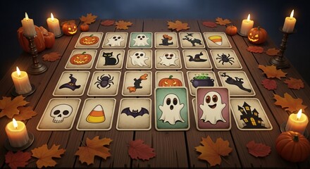 Spooky Halloween memory game with pumpkins, ghosts, and bats on a wooden table