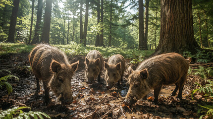 A group of wild boars forage in a muddy puddle in a sun-dappled forest. Their wet fur glistens, and tusks curve upwards as they search for food.