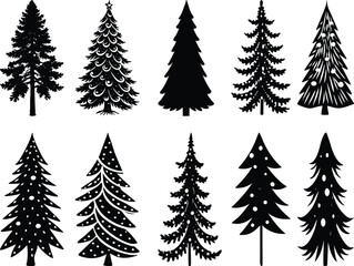 Green vector Christmas trees set with snow and forest landscape for holiday celebration