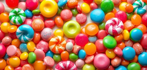 Obraz premium Assorted colorful candies arranged in a vibrant, playful vector style, kawaii, vibrant