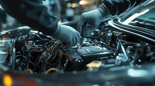 Close-up shot of car engine being serviced by mechanic. Focus on precision and details.
