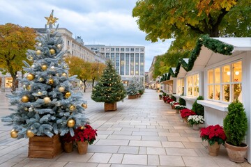 Obraz premium Christmas market is opening in Munich, Germany, with decorated christmas trees and wooden stalls