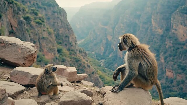 Baboon family enjoying breathtaking mountain view, wildlife documentary footage adventure awaits