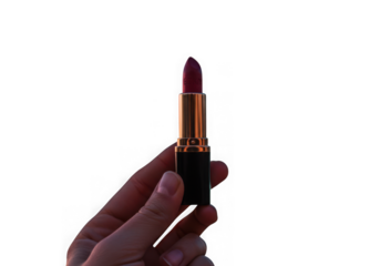 Hand holding dark red lipstick isolated on transparent background