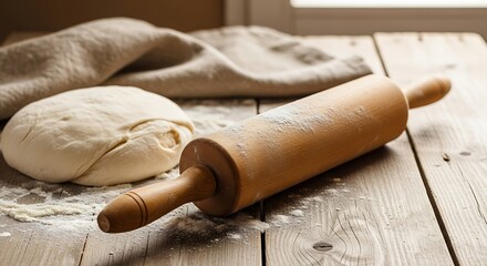 Fototapeta premium Wooden rolling pin and ball of dough on a rustic wooden table.