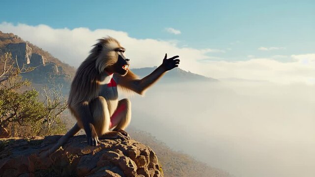 Gelada monkey giving thumbs up on cliff edge overlooking breathtaking mountain vista