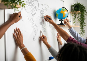 Diverse group actively learns geography, marking world map with markers and globe nearby