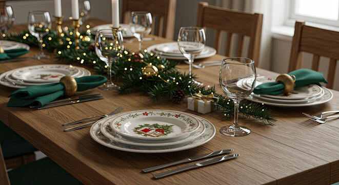 Festive Christmas Table Setting with Elegant Decorations and Holiday Cheer. - Powered by Adobe