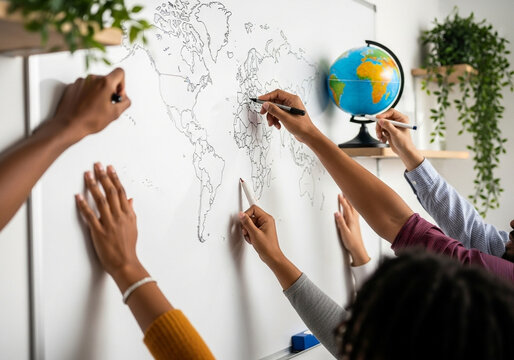 Diverse group actively learns geography, marking world map with markers and globe nearby