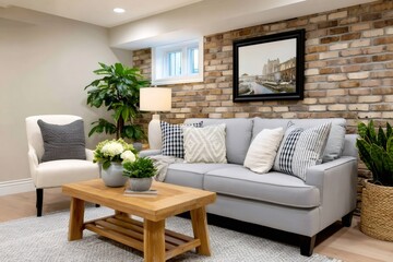 Cozy living room with exposed brick wall featuring comfortable sofa and armchair