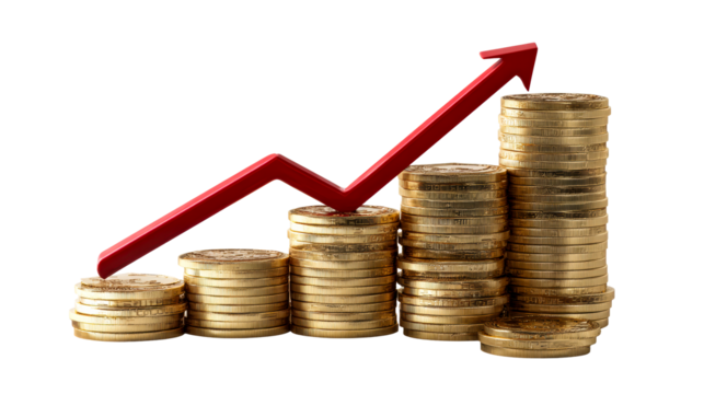 Golden coin stacks with red arrow indicating upward financial growth, cut out transparent