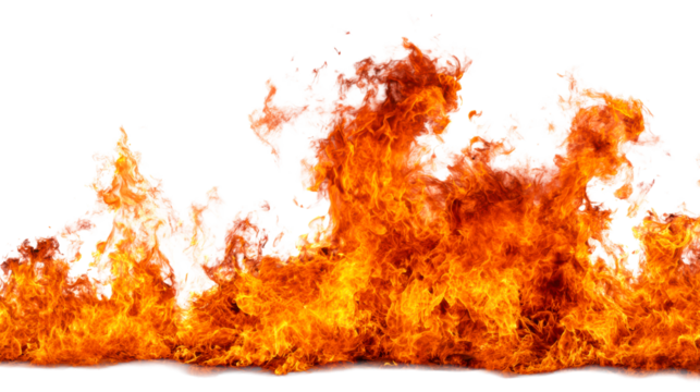 Energetic horizontal flame spread with dark ground against white background, cut out transparent
