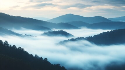Mountain Range with Fog at Dusk