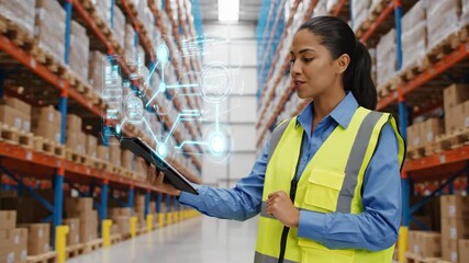 Warehouse Worker Managing Supply Chain with Tablet - A female warehouse worker in a high-visibility vest uses a tablet to manage and monitor a complex network of supply chain connections displayed as - Powered by Adobe