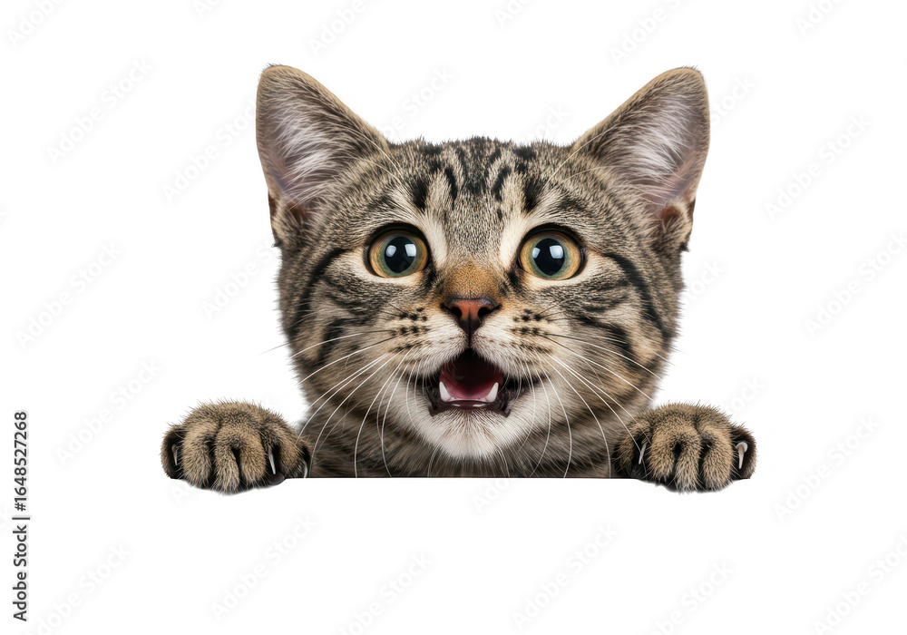 Poster surprised tabby cat peeking over a surface isolated on white isolated on transparent background