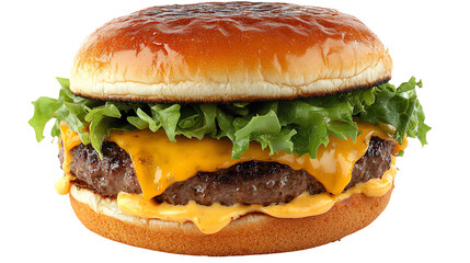 Juicy Cheeseburger with Lettuce and Tomato on Soft Bun on Transparent Background
