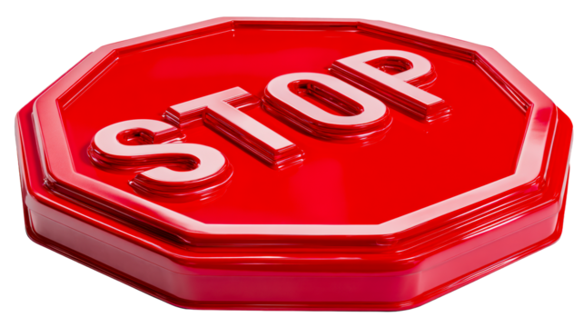 Shiny Red Octagonal Stop Sign with Raised Silver Letters, cut out transparent