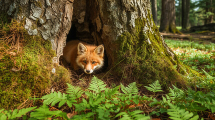 A curious red fox peeks out from its den in a moss-covered tree, surrounded by lush green ferns in a sun-dappled forest.