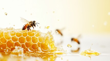 Honey Bee on Honeycomb with Golden Honey Dripping – Beekeeping, Pollination, and Nature Macro Photography