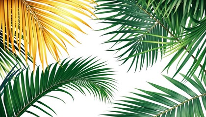 Minimalist gold & green tropical palm leaves on white, summer jungle background with frame, stylish, mockup