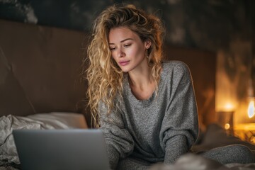 Obraz premium An attractive woman on a bed is looking at emails on her laptop