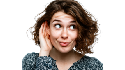 Young woman cupping her ear to listen intently with a curious expression, cut out transparent