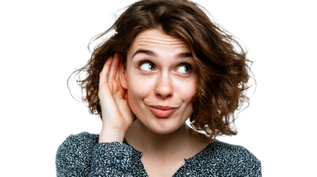 Young woman cupping her ear to listen intently with a curious expression, cut out transparent