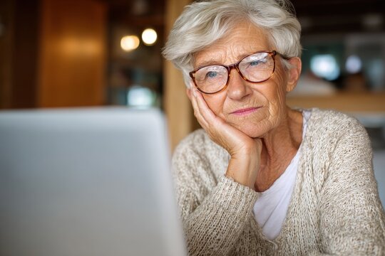 An older woman gazing at a laptop while wearing glasses - Powered by Adobe