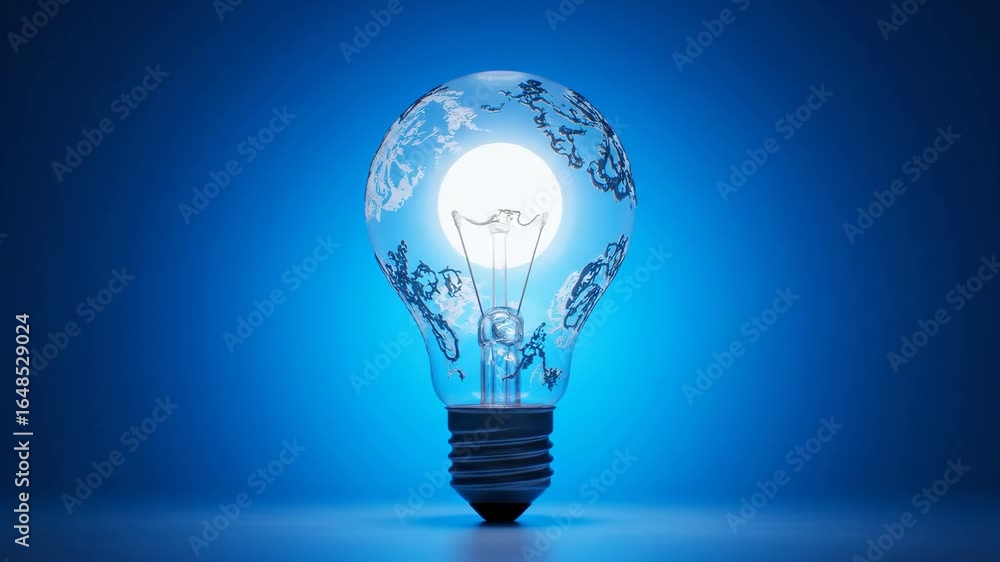 Poster global ideas: glowing light bulb with world map - a digitally created video showcases a light bulb w