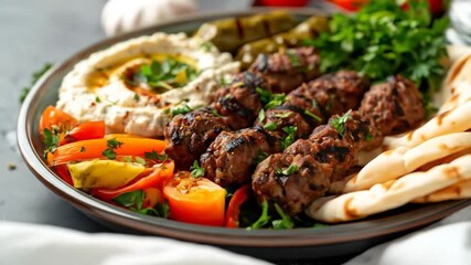 Grilled Kebab Platter with Hummus Pita and Tomato Garnish on Gray Table Background Featuring Mediterranean Cuisine - Powered by Adobe