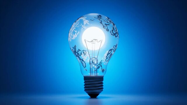 Global Ideas: Glowing Light Bulb with World Map - A digitally created video showcases a light bulb with a world map etched into its glass, brightly lit against a deep blue background.
