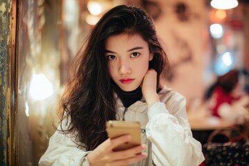 Attractive Asian woman on her phone in a cafe