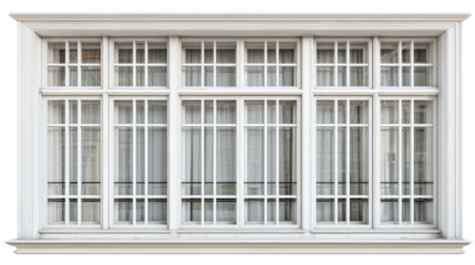 Ornate white wooden window frame with multiple glass panes and sheer curtains, cut out transparent