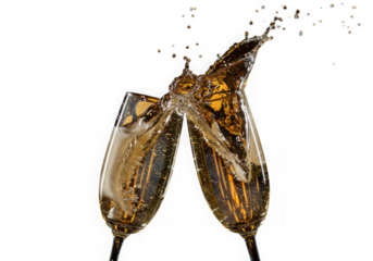 Champagne glasses clinking together isolated on transparent background