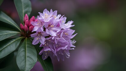 Fototapeta premium Close up of a cluster of delicate purple rhododendron flowers with green leaves and a soft blurred background in a garden setting