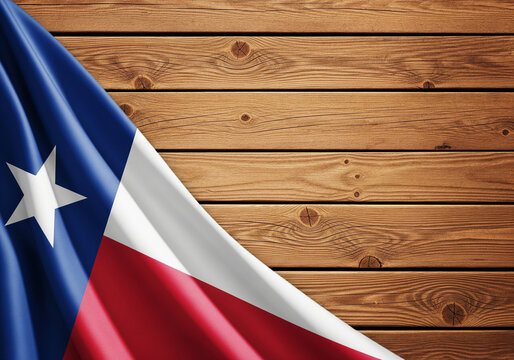 Texas flag draped on rustic wooden planks, symbolizing pride and heritage. - Powered by Adobe