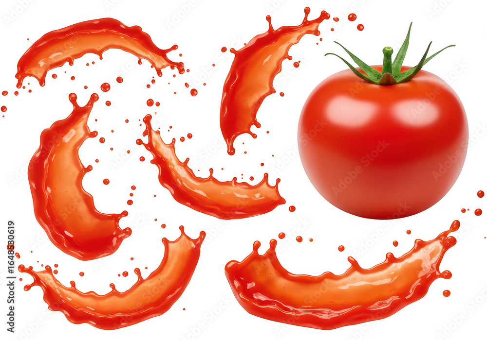 Poster tomato with red juice splashes isolated on transparent background