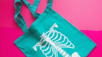 Naklejka premium Turquoise Tote Bag Featuring Skeleton Design on a Vibrant Pink Backdrop