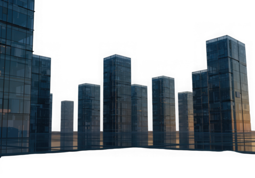 Futuristic cityscape with tall buildings isolated on transparent background