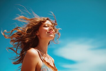 Naklejka premium Attractive young lady against azure sky