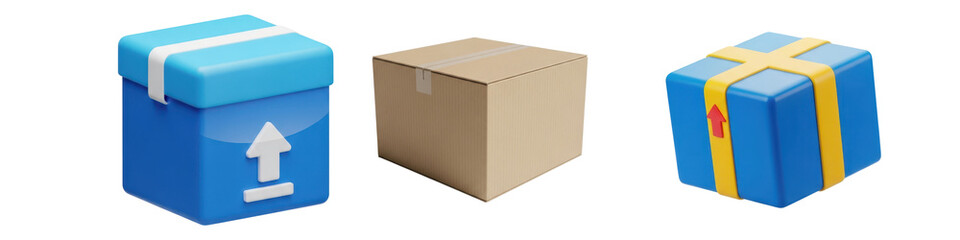 Three different boxes isolated on transparent background