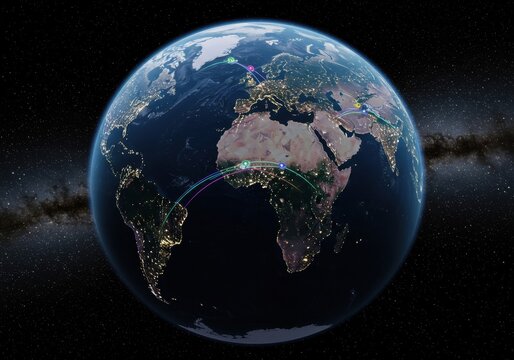 Global connectivity illustration showcasing worldwide digital network routes