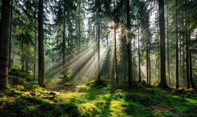 Obraz premium Sunlight streams through a dense forest (1)