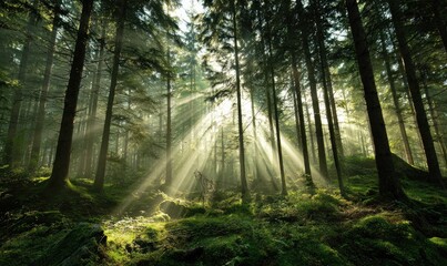 Sunlight streams through a dense forest canopy (1)