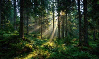 Fototapeta premium Sunlight filtering through a dense forest (2)