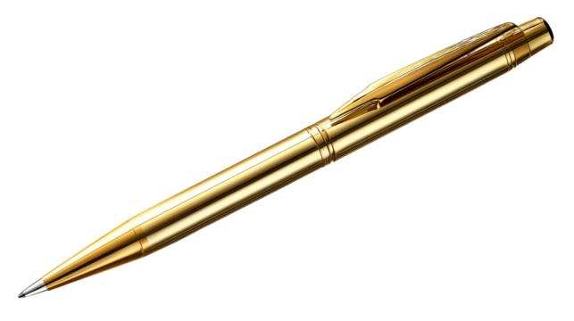 Elegant Gold Ballpoint Pen with Clip and Smooth Metallic Finish, cut out transparent