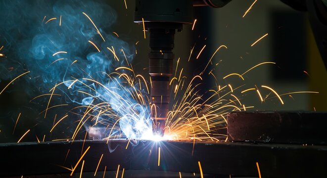 Close-up of a high-tech robotic welder arm in an industrial factory, a powerful manufacturing process mockup.