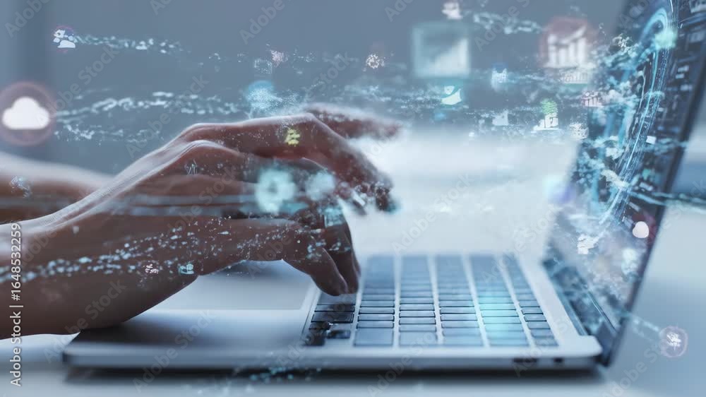 Poster digital innovation at your fingertips - hands actively type on a laptop keyboard, with digital icons