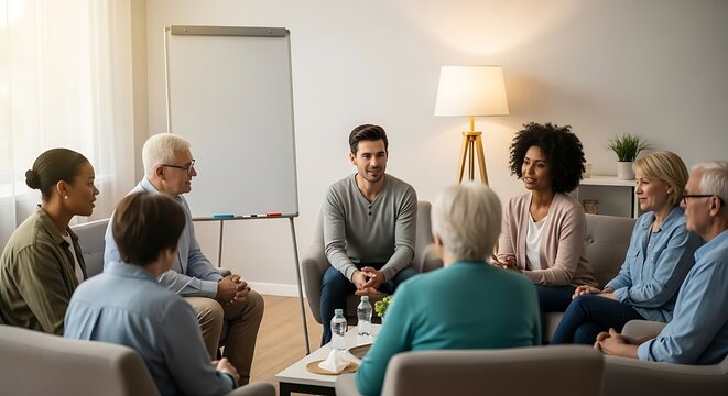 Diverse individuals participate in support session facilitating connection and growth therapy - Powered by Adobe
